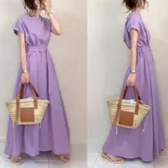 ワンピース 2WAY ロング丈 ベルト付き フレンチスリーブ マキシ丈 パープル