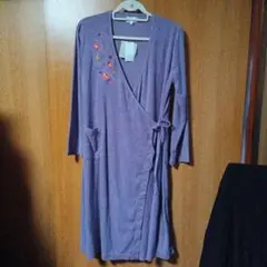 パープル 花柄刺繍 ラップバスローブ