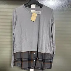 PAGE ONE グレー 長袖Tシャツ チェック柄裾付き　M〜L 新品