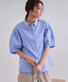 未使用　オペークドットクリップ　ランタンスリーブシャツ　ブラウス