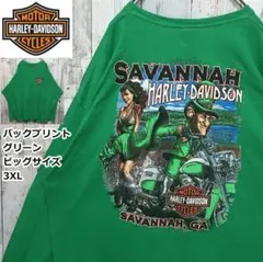 【ビッグサイズ3XL】ハーレーダビッドソン バイク 美女 ビッグロゴ 緑 ロンT
