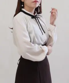 ASTORIA ODIER グログランリボン配色ブラウス Sサイズ
