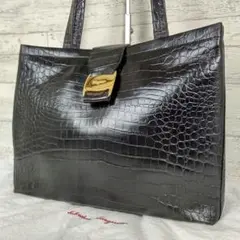 【A4可/保存袋付】フェラガモ トートバッグ クロコ型押し レザー ブラック