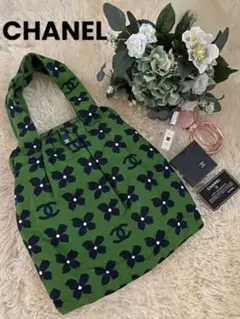 希少 CHANEL ココマークフラワー花柄キャンバスグリーンネイビー ガマ口
