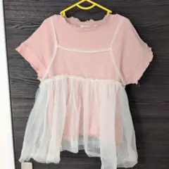 ピンク フリルネック 半袖トップスチュールキャミ付き
