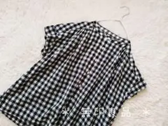 ＊ 無印良品　洗いざらし強撚 フレンチスリーブブラウス　黒チェック M～L ＊