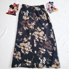 ✨美品✨花柄シフォンフレアロングスカート 裏地あり 体型カバー 黒 ブラック