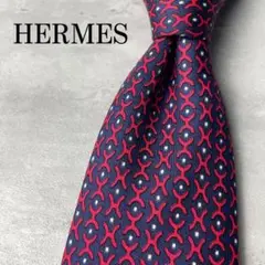 美品 HERMES エルメス H柄 総ロゴ ピンドット柄 ネクタイ ネイビー 赤