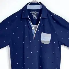 ❤️美品 クリエイションキューブ ネイビー カモメドット柄鹿の子ポロシャツ XL