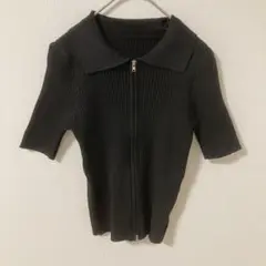 【美品】ダブルファスナー リブトップス 黒 ブラック ショート丈 へそ出し