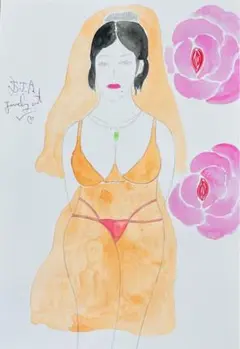 自画像ドローイング♡A4水彩アクリル絵画原画抽象画