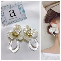 2286-2 2way シルバー☺︎ホワイトフラワーのピアス×クリアフープ☺︎