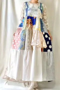 パッチワーク 3段ティアードロングワンピース　キャミワンピ　ハンドメイド　夏