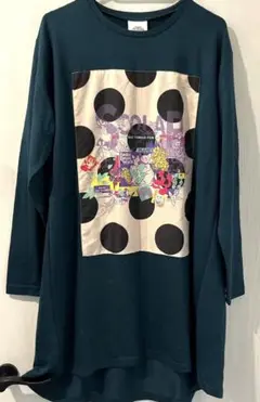 【ScoLar】ネコ&花柄ニットカットソー　M グリーン