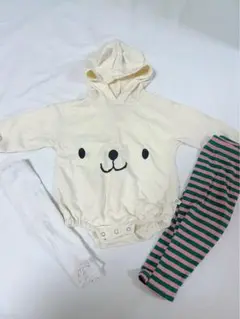 クマの顔ロンパースとストライプパンツセット