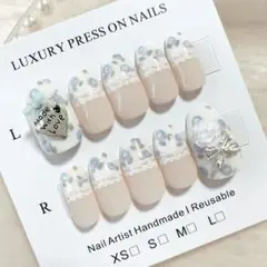 現品୨୧フレンチガーリーネイルチップ　水色ブルー　薔薇レース　小花柄　バレリーナ