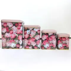 【未使用】バラ柄　花柄　フタ付き缶4個セット ピンク　小物入れ