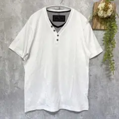 【美品】メンズ ヘンリーネック カットソー ストライプ 重ね着風 白 L