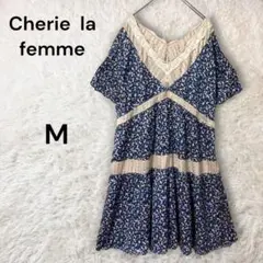 Cherir la femme 半袖小花柄Ｖネック チュニックワンピース M