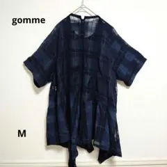 gomme ゴム ネイビー チェック柄 半袖トップス 夏 M 薄手 透け感