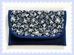 new!【沈丁花×ネイビー柄】通帳ケース　お薬手帳ケース