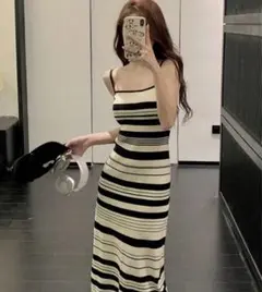 ストライプ ノースリーブ ロングワンピース