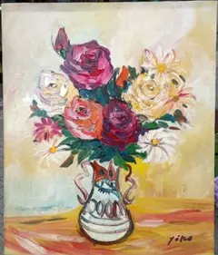 「真作」湯浅洋子「花」静物画　油彩画　額装　サイン有り　F8号 絵画作家 湯浅洋子さんの油彩画【薔薇】ばら - メルカリ