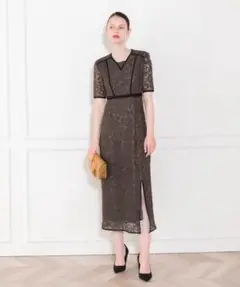 袖透け感花柄レース配色パイピングスリットロングドレスワンピース美脚効果結婚式
