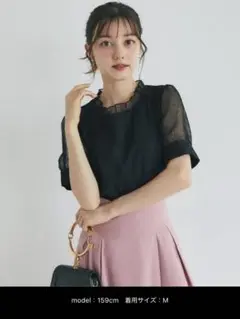 【未使用】toccoclosetトッコクローゼット ドット柄フリル襟半袖ブラウス