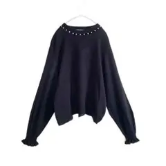 シフォネリ　パール付き　リブニット　クルーネック　黒　フリル袖　春秋　38