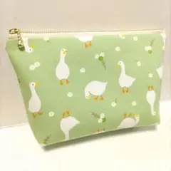 アヒルとお花 ハンドメイド ポーチ 化粧ポーチ ファスナーポーチ 鳥