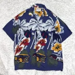 オープンカラーシャツ　アロハシャツ　車　パームツリー　花　レーヨンシャツ　開襟