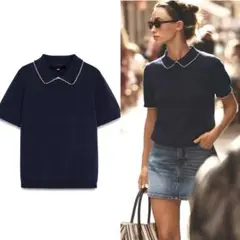 ZARA 試着のみ新品タグ付き パイピングニットトップス M ネイビー