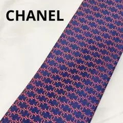 極美品 CHANEL シャネル ネクタイ ココマーク 総柄 シルク ネイビー
