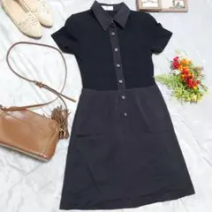 ✨日本製✨♥Courreges♥半袖 膝丈 異素材ワンピース（M相当）ブラック