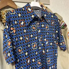 日本製・幾何学模様・総柄・デカ襟・オールドクラシックデザイン・ポロシャツ・M