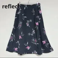 リフレクト reflectミモレ丈 花柄フレアスカート 紺 裏地あり 【9号】