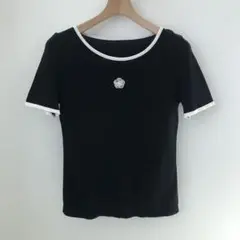 カメリア　Tシャツ　半袖　パイピング　スパンコール　黒　花　カットソー