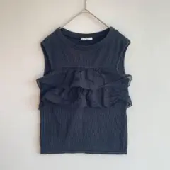 k ノースリーブ タンクトップ M 異素材 フリル リブ カットソー ティアード