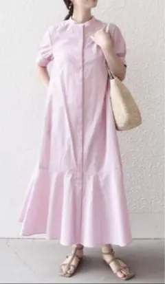 新品 SHIPS.me: ヘムフレアスタンドカラーシャツワンピース　S