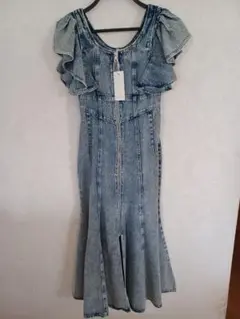 デニムワンピース M L/BLU フリル袖