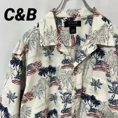 N-5550 C&B アメリカ古着 アロハシャツ 星条旗 ヤシの木 半袖開襟 L