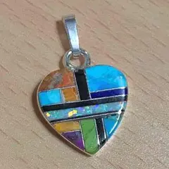 Sterling刻印あり ズニ族 ハート インレイ ペンダントヘッド