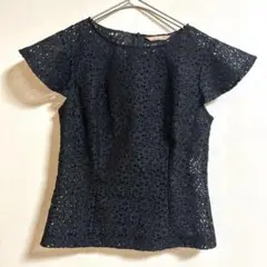 美品✨cafala透かし編みフレンチスリーブブラウス　黒ブラック　上品　日本製
