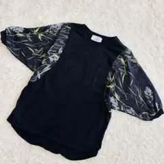 FOR THE PEOPLE TOKYO Tシャツ 花柄シフォン袖 黒