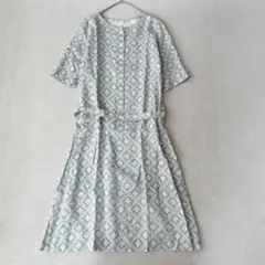 美品✨サリースコット　ロングワンピース　リネン混　ベルト　総柄　裏地有　M相当