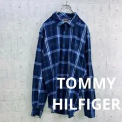 t0004 トミーヒルフィガー 長袖 シャツ 青 チェック L 綿100
