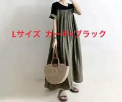 切替半袖AラインVネック ワンピース カーキ L 着痩せワンピース