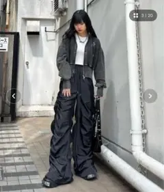ブラック ワークパンツ・カーゴパンツ ワイドシャーリングモップパンツ KSG