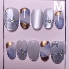 マグネットネイル ✧ グレーブルー×フラワーアート＆メタリックカッパー